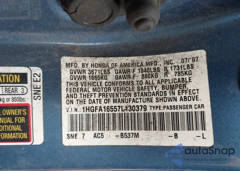 2007 Honda Civic Lx from USA, damaged, VIN 1HGFA16557L130379